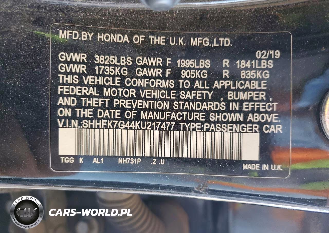 2019 Honda Civic Sport VIN:SHHFK7G44KU217477 - 12
