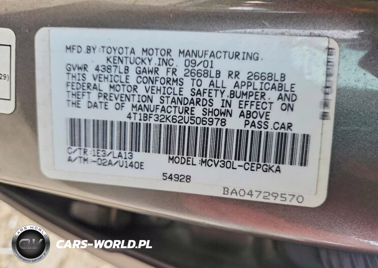 2002 Toyota Camry Xle V6 VIN:4T1BF32K62U506978 - 12