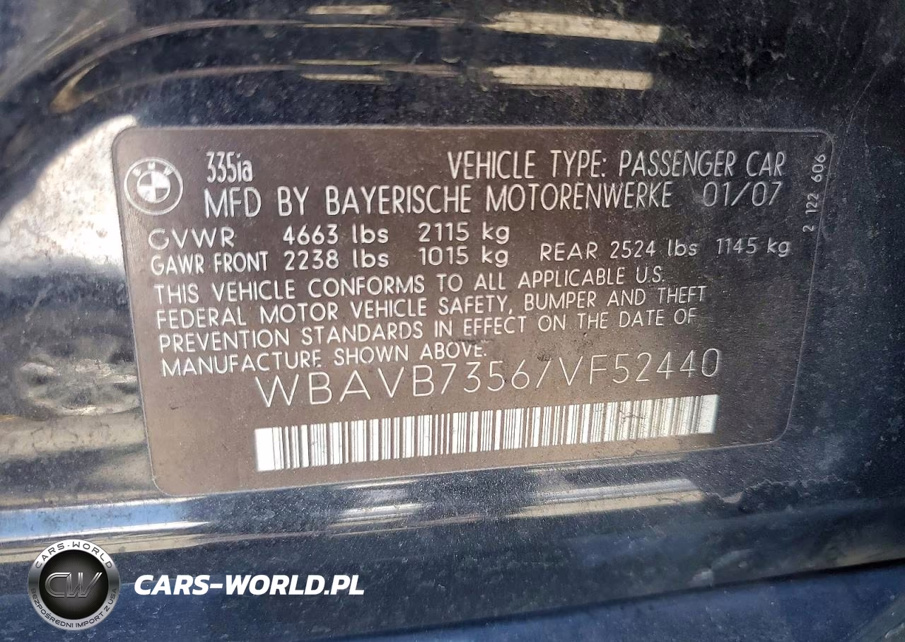 2007 BMW 335 I VIN:WBAVB73567VF52440 - 12