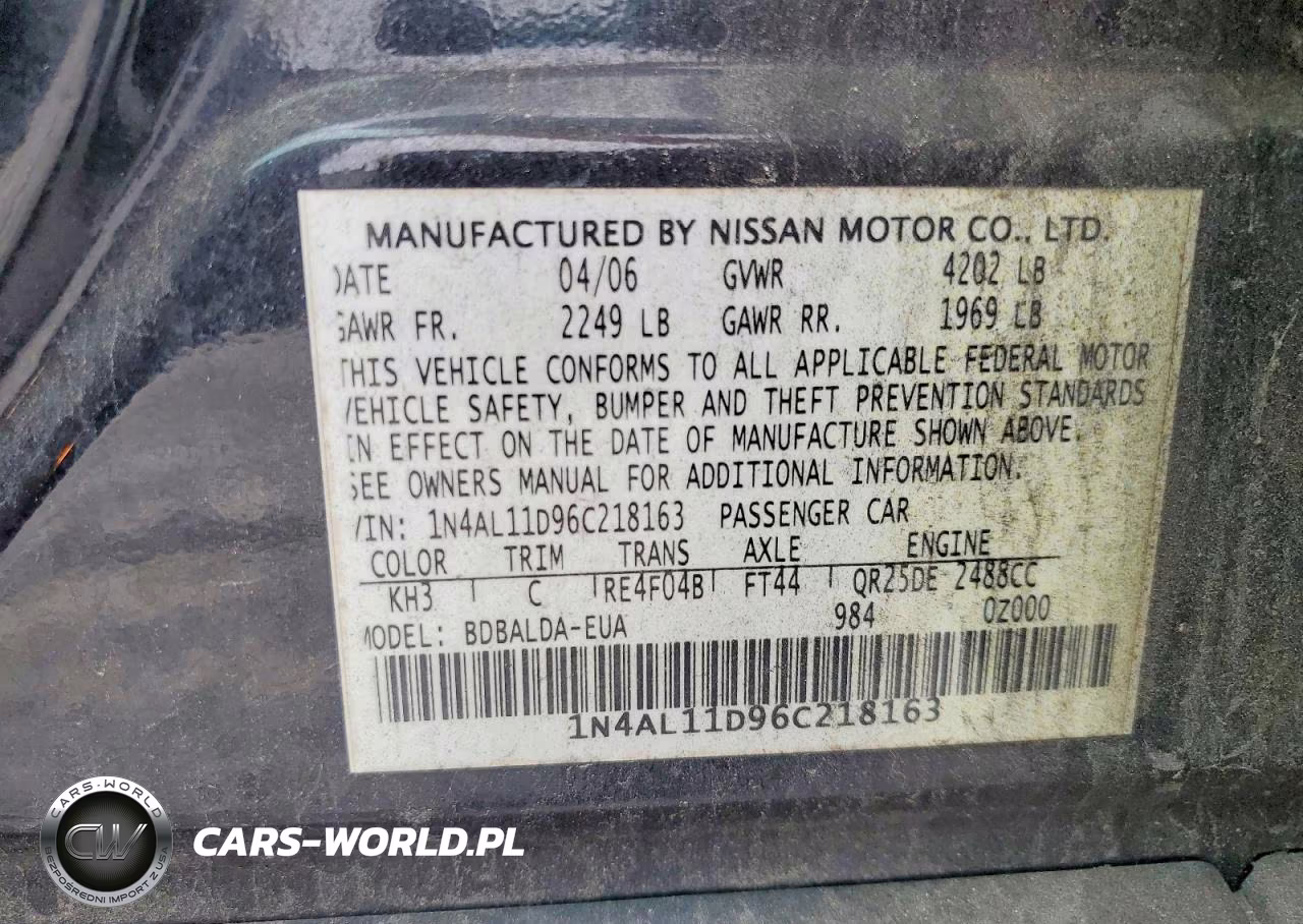2006 Nissan Altima 2.5 VIN:1N4AL11D96C218163 - 12