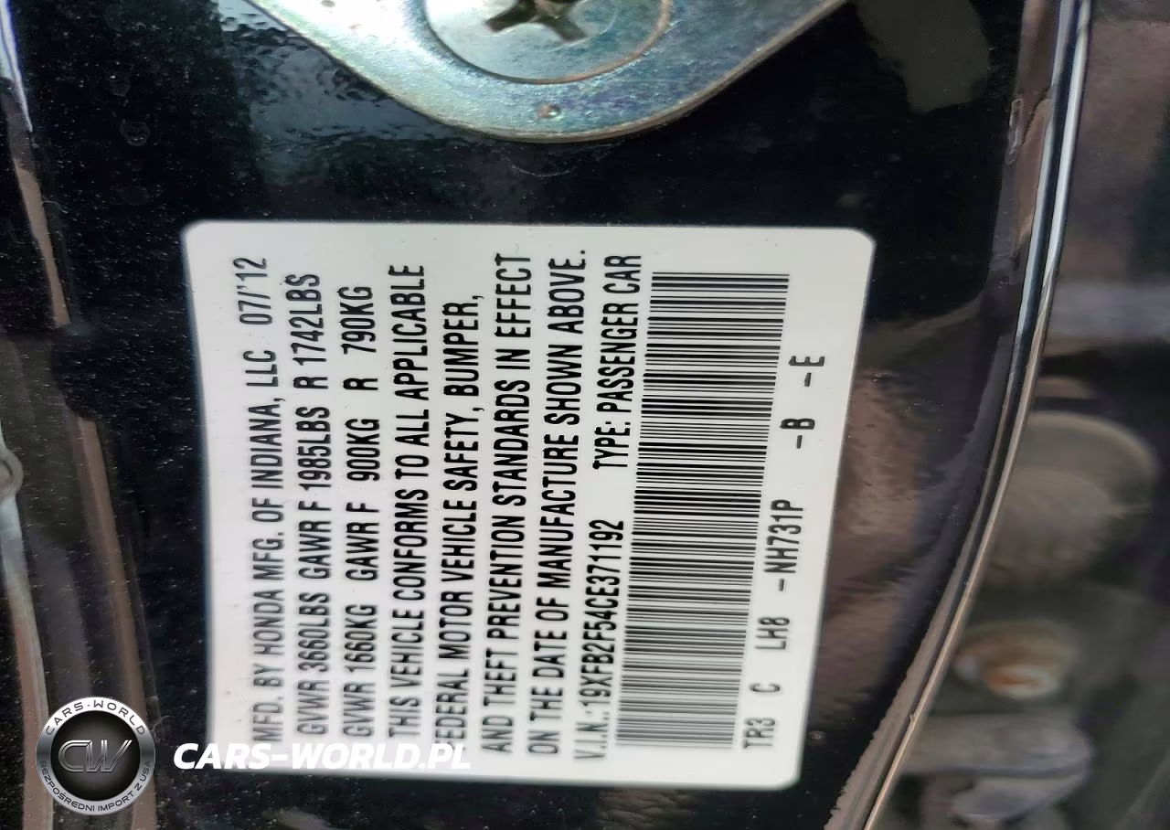 2012 Honda Civic Lx VIN:19XFB2F54CE371192 - 12