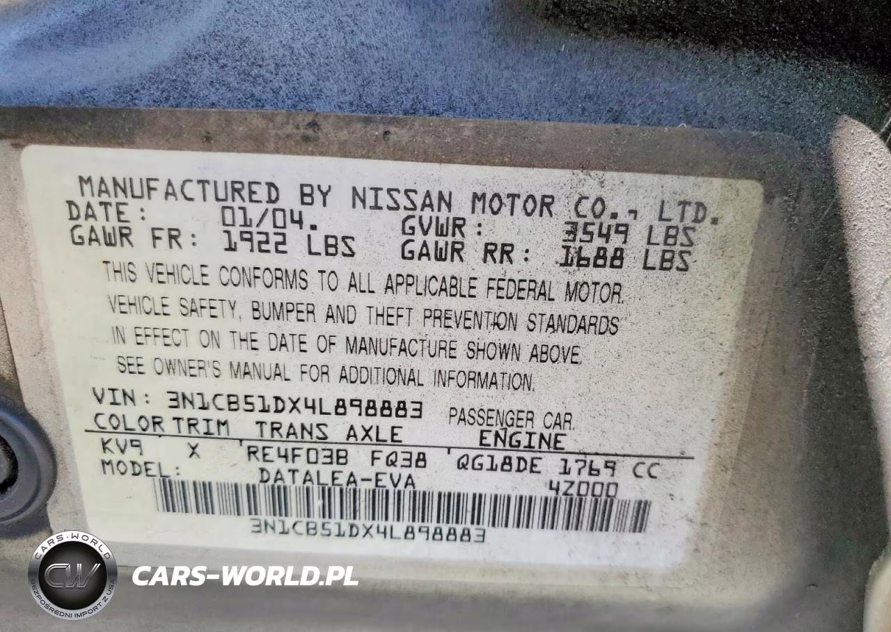 2004 Nissan Sentra 1.8 VIN:3N1CB51DX4L898883 - 12