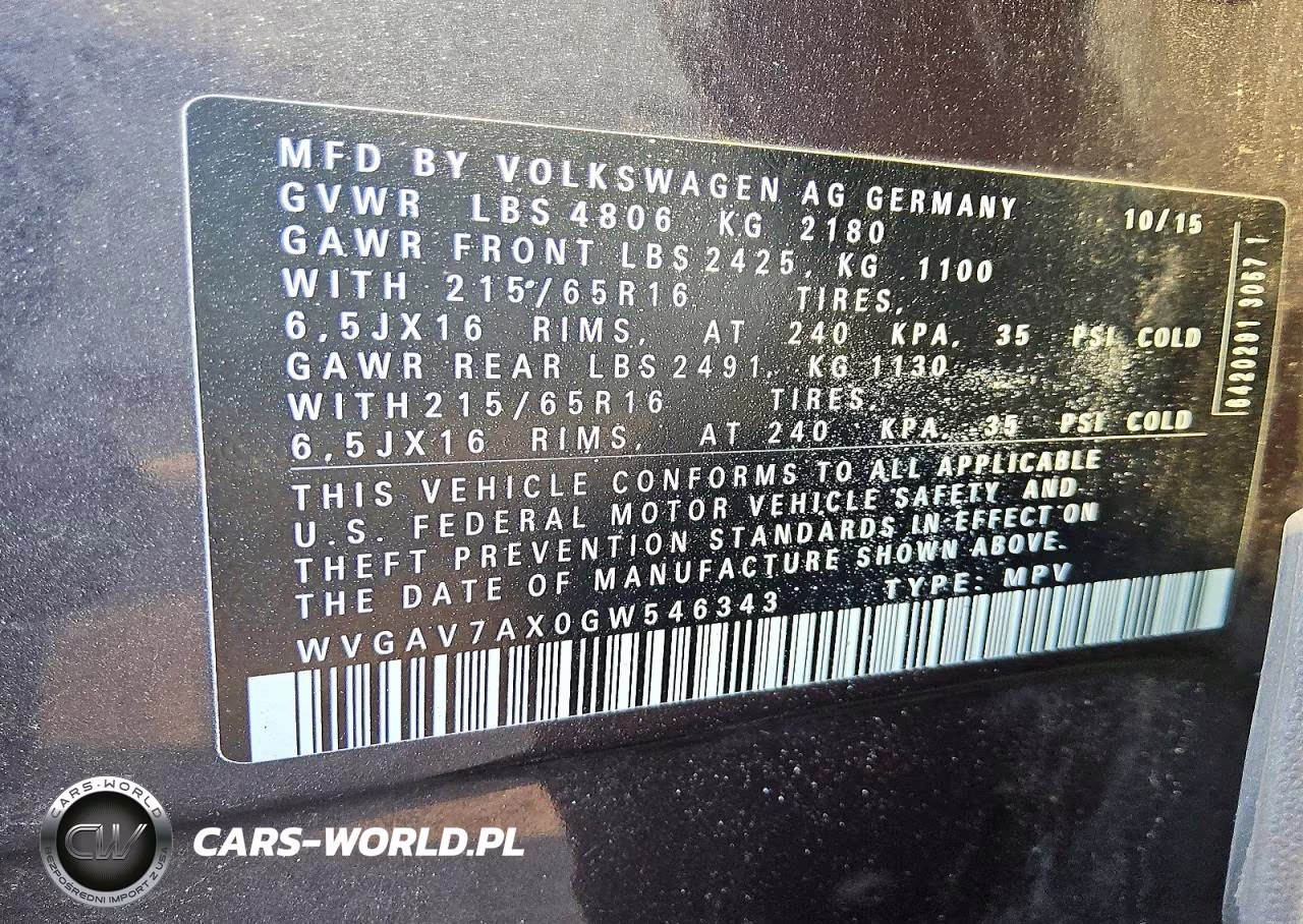 2016 Volkswagen Tiguan S VIN:WVGAV7AX0GW546343 - 13
