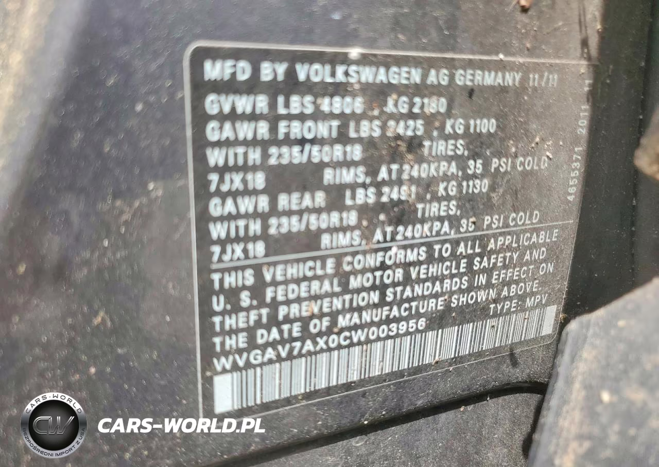 2012 Volkswagen Tiguan S VIN:WVGAV7AX0CW003956 - 13