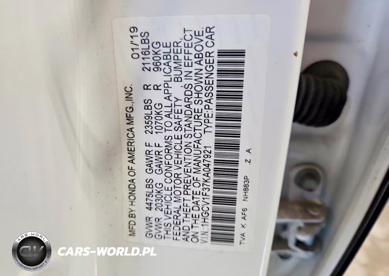 2019 Honda Accord Sport VIN:1HGCV1F37KA047921 - 12
