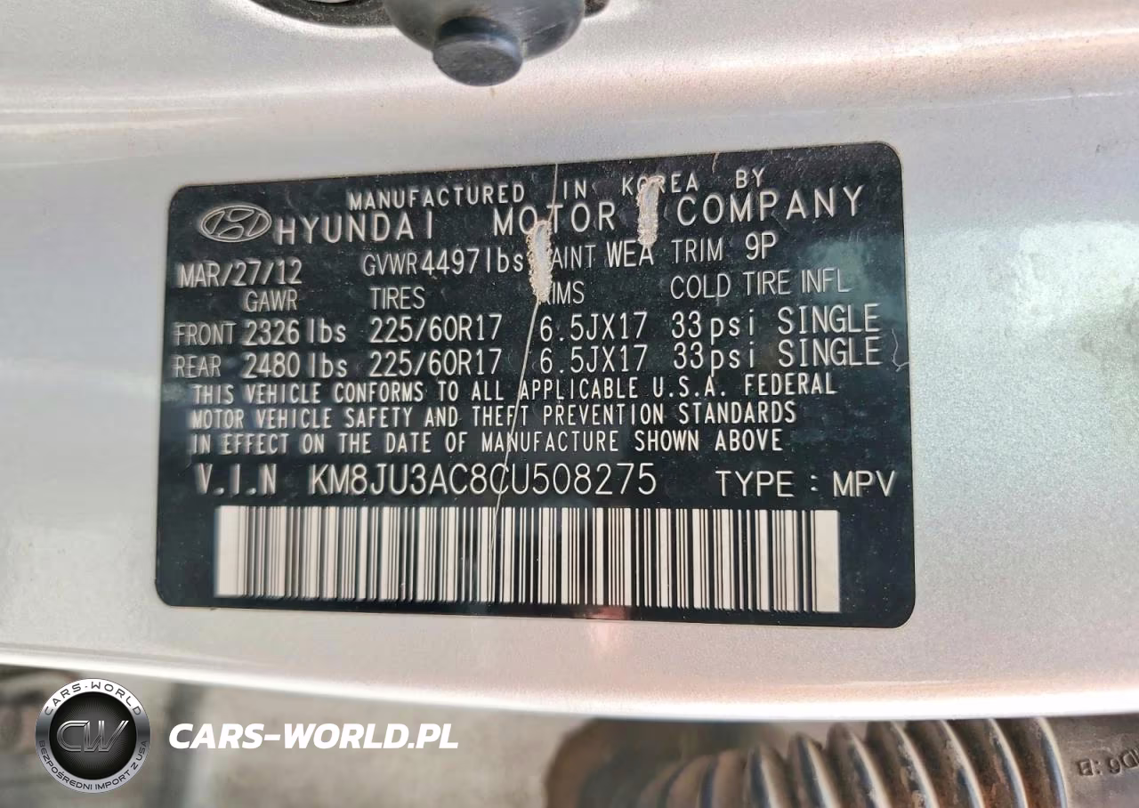 2012 Hyundai Tucson Gls VIN:KM8JU3AC8CU508275 - 13