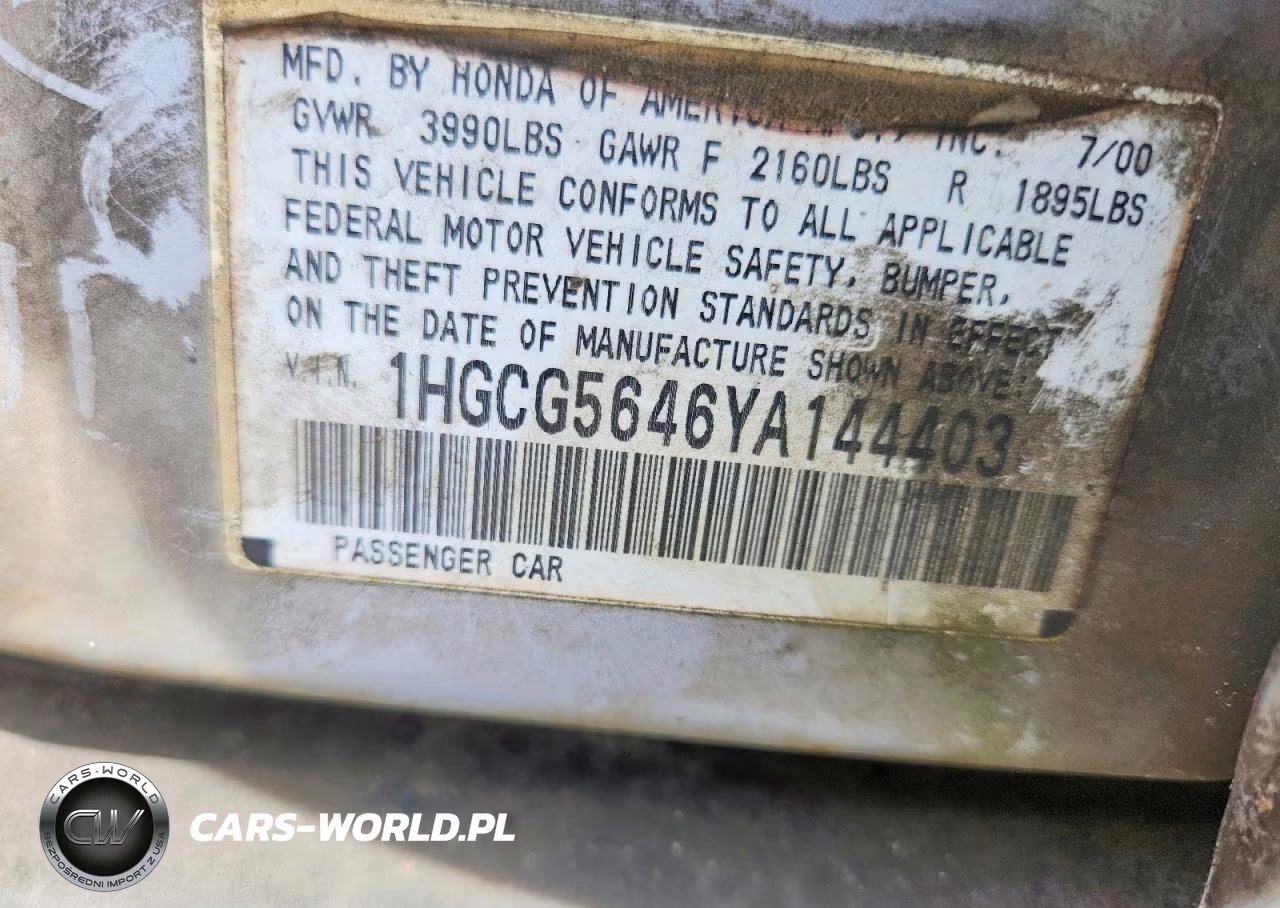 2000 Honda Accord Lx VIN:1HGCG5646YA144403 - 12