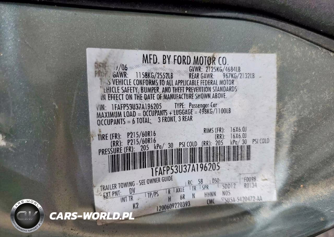 2007 Ford Taurus Se VIN:1FAFP53U37A196205 - 12
