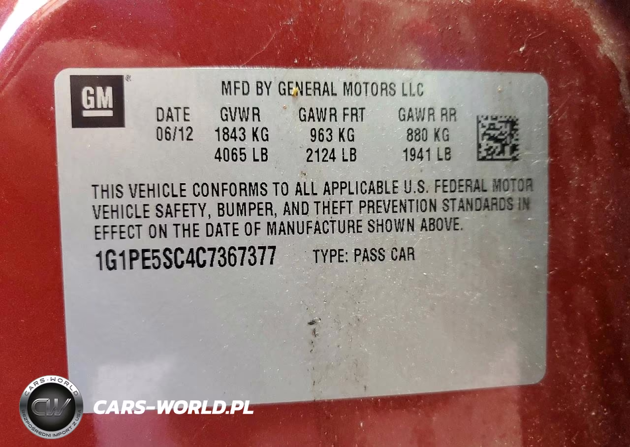 2012 Chevrolet Cruze Lt VIN:1G1PE5SC4C7367377 - 12