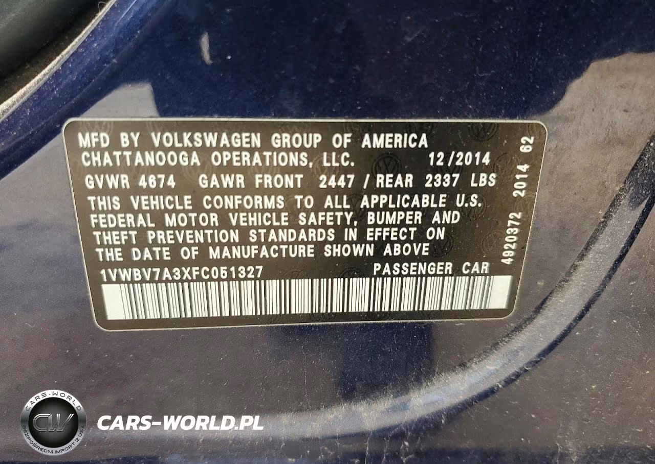 2015 Volkswagen Passat Se VIN:1VWBV7A3XFC051327 - 12
