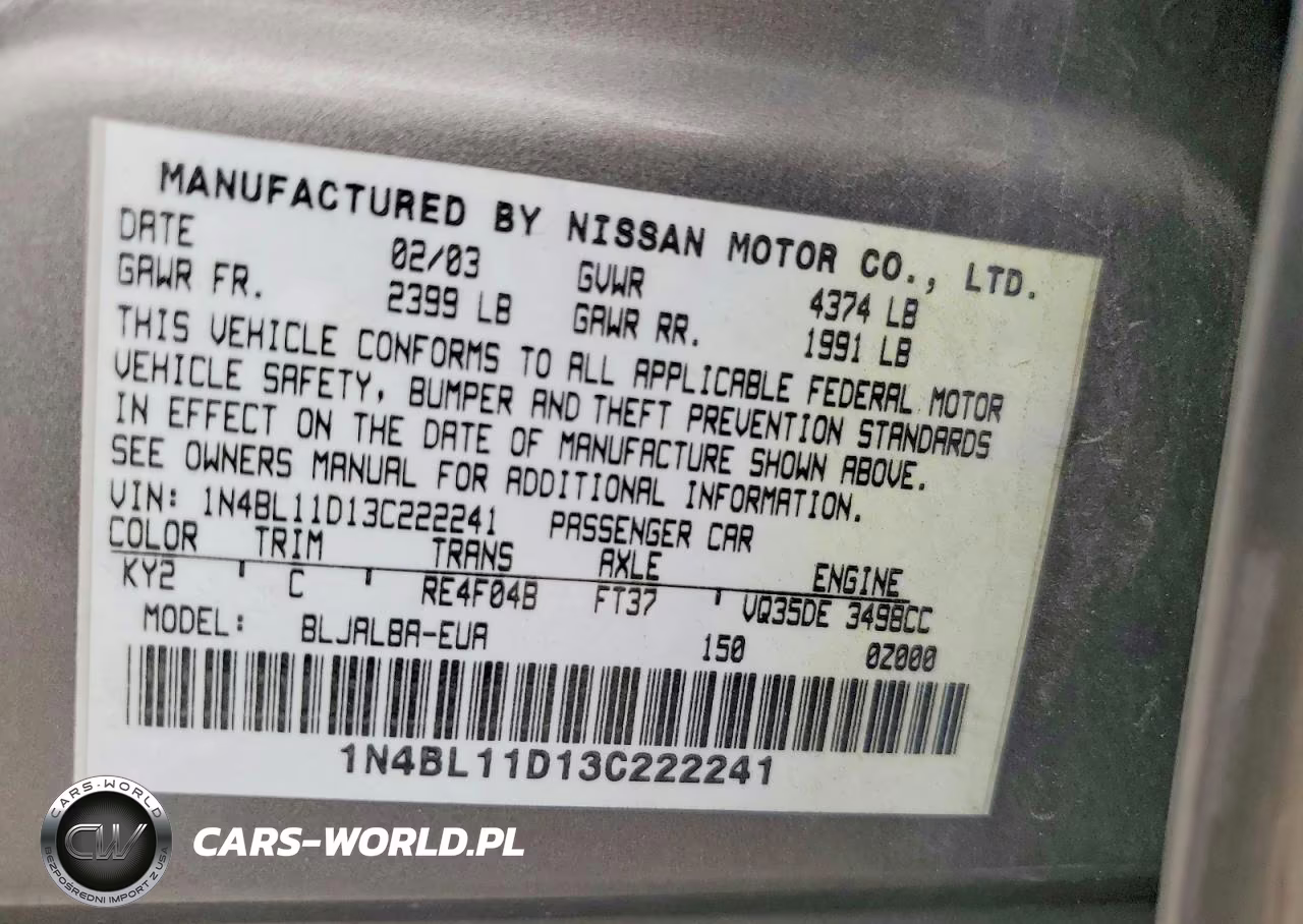 2003 Nissan Altima Se VIN:1N4BL11D13C222241 - 13