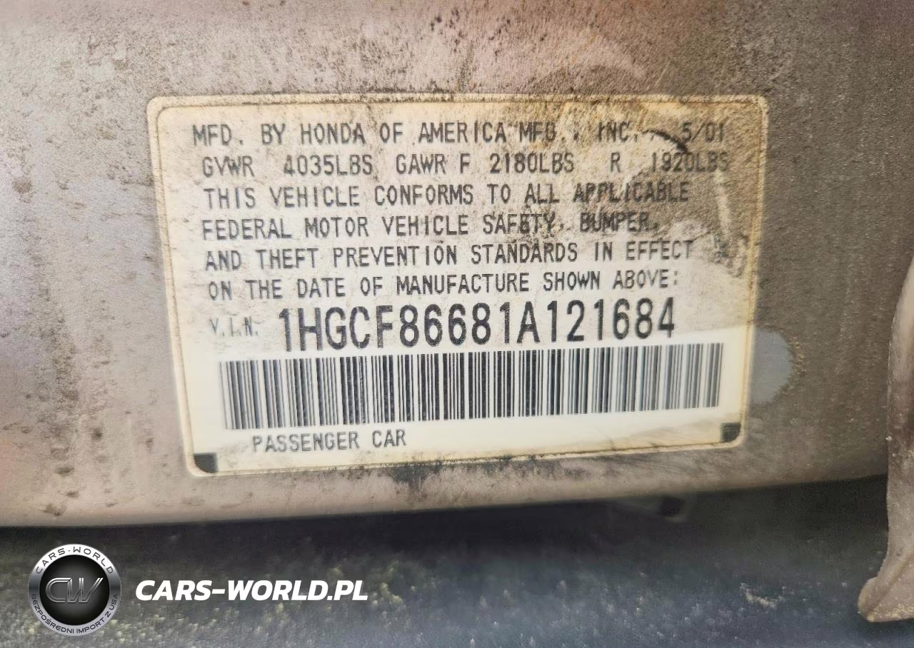 2001 Honda Accord Value VIN:1HGCF86681A121684 - 12
