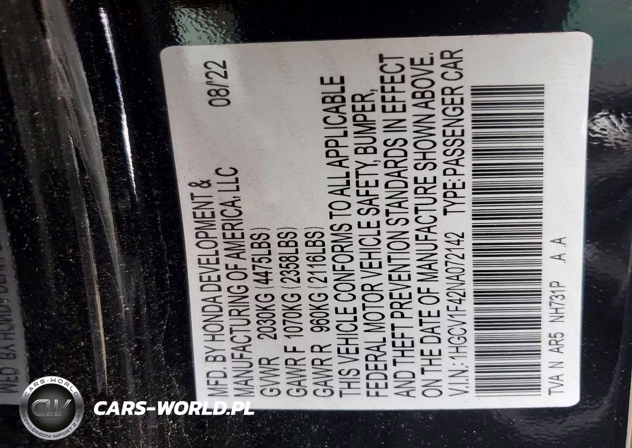 2022 Honda Accord Sport Se VIN:1HGCV1F42NA072142 - 12