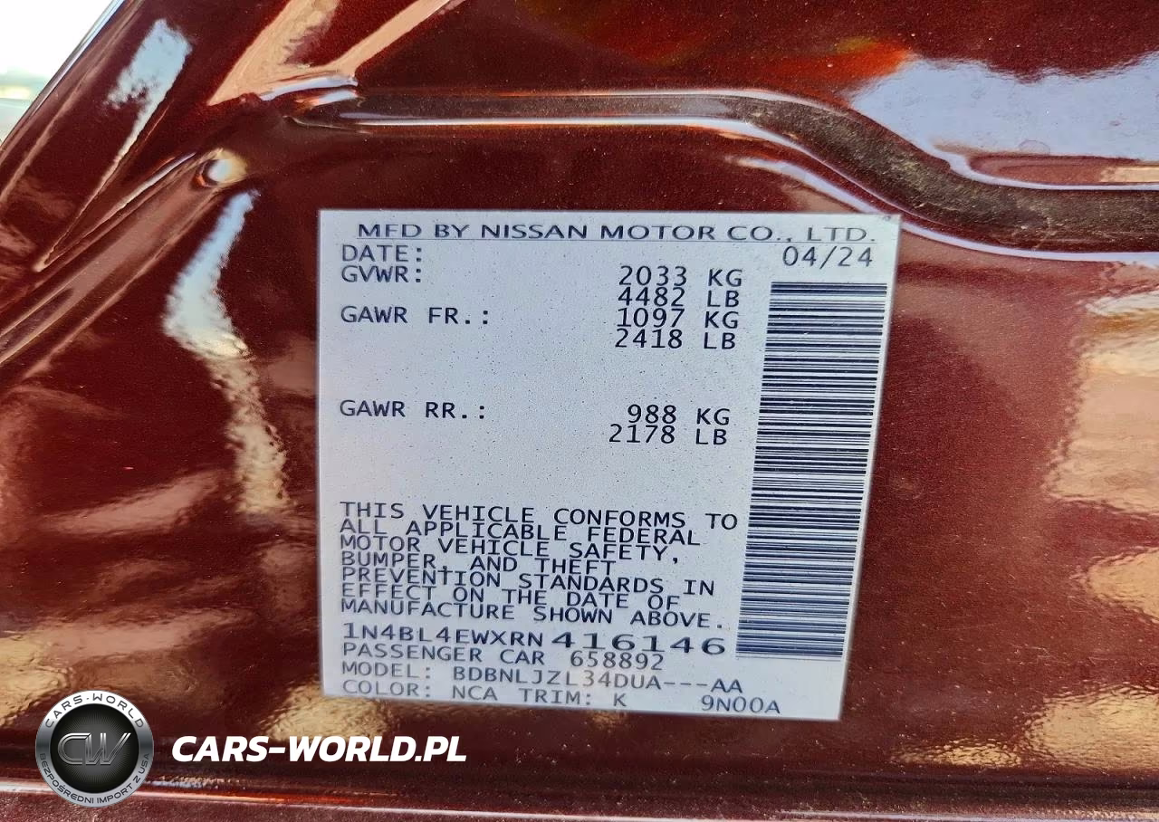 2024 Nissan Altima Sl VIN:1N4BL4EWXRN416146 - 12