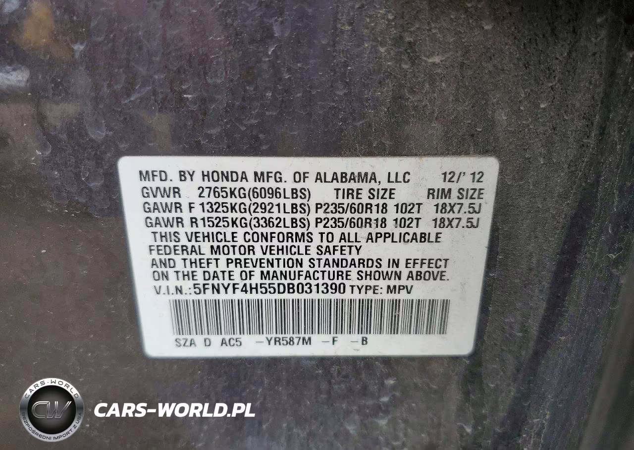 2013 Honda Pilot Exl VIN:5FNYF4H55DB031390 - 13