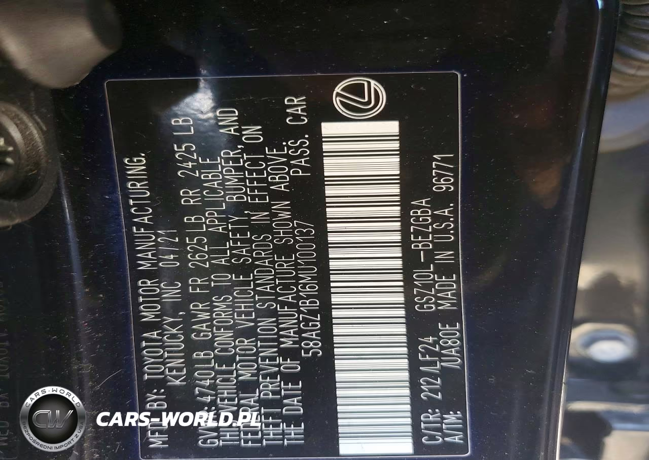 2021 Lexus Es 350 F Sport VIN:58AGZ1B16MU100137 - 12