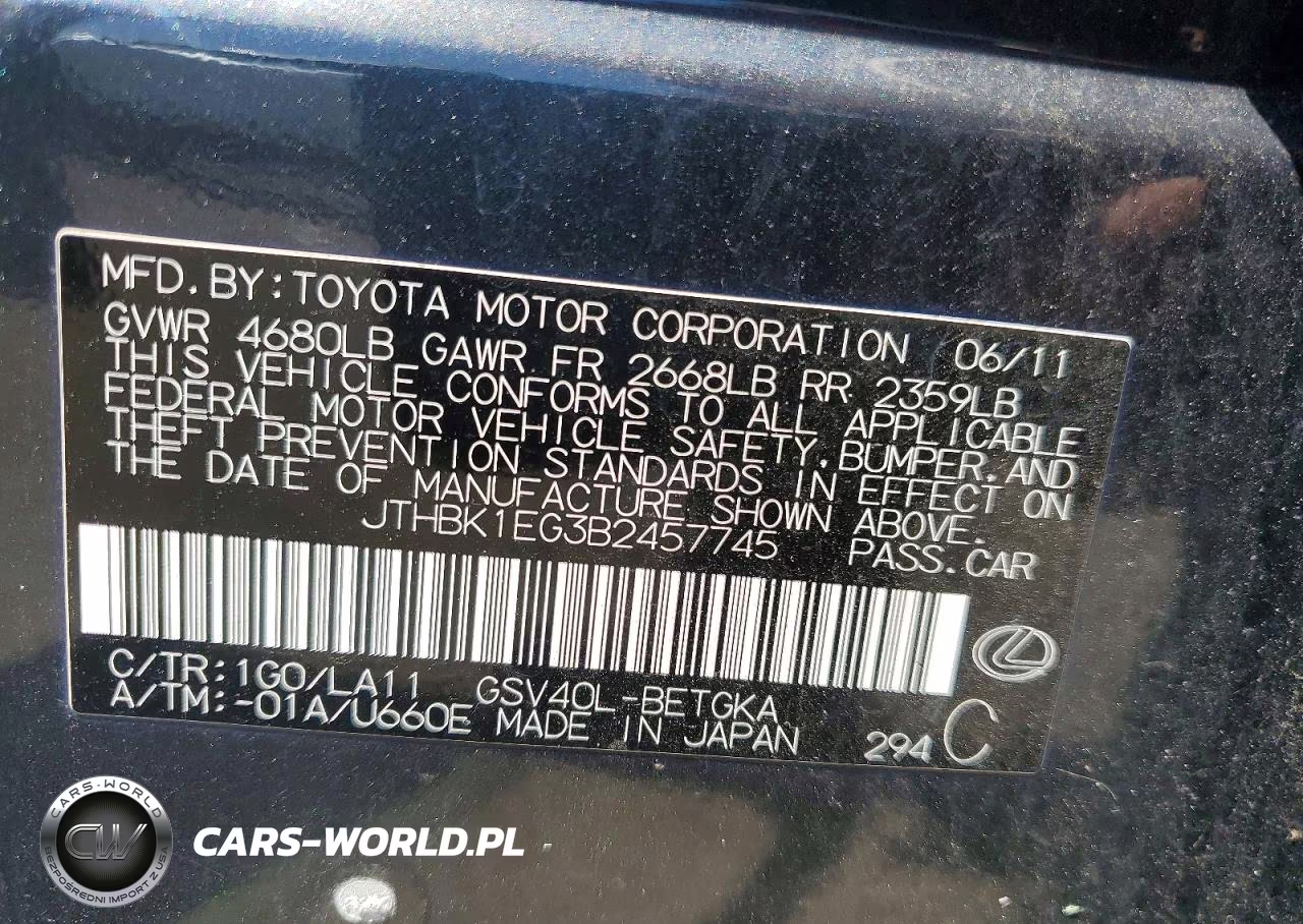 2011 Lexus Es 350 VIN:JTHBK1EG3B2457745 - 13