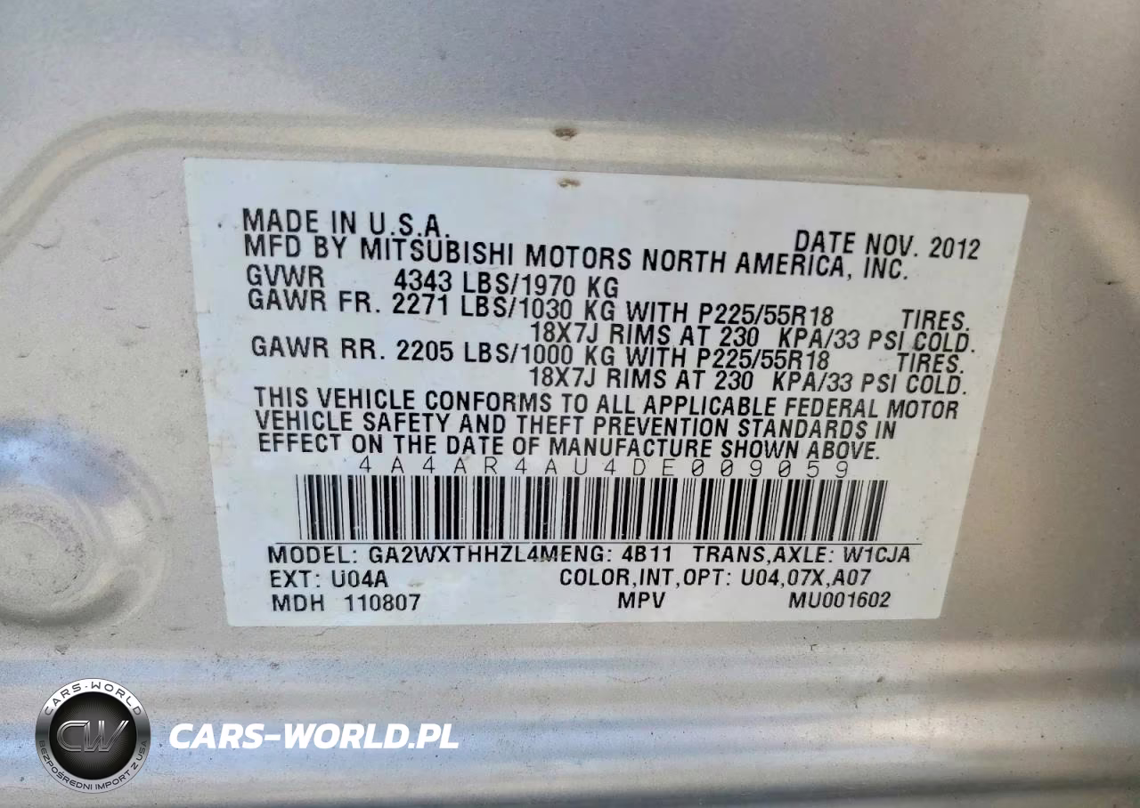 2013 Mitsubishi Outlander Sport Se VIN:4A4AR4AU4DE009059 - 13