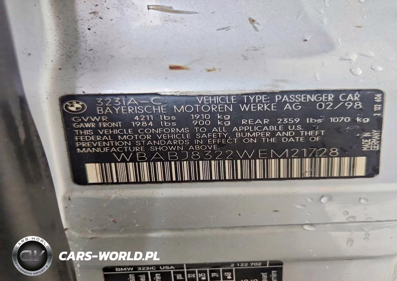 1998 BMW 323 Ic Automatic VIN:WBABJ8322WEM21728 - 12