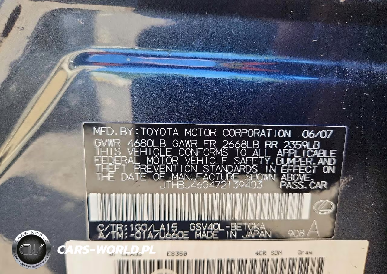 2007 Lexus Es 350 VIN:JTHBJ46G472139403 - 12