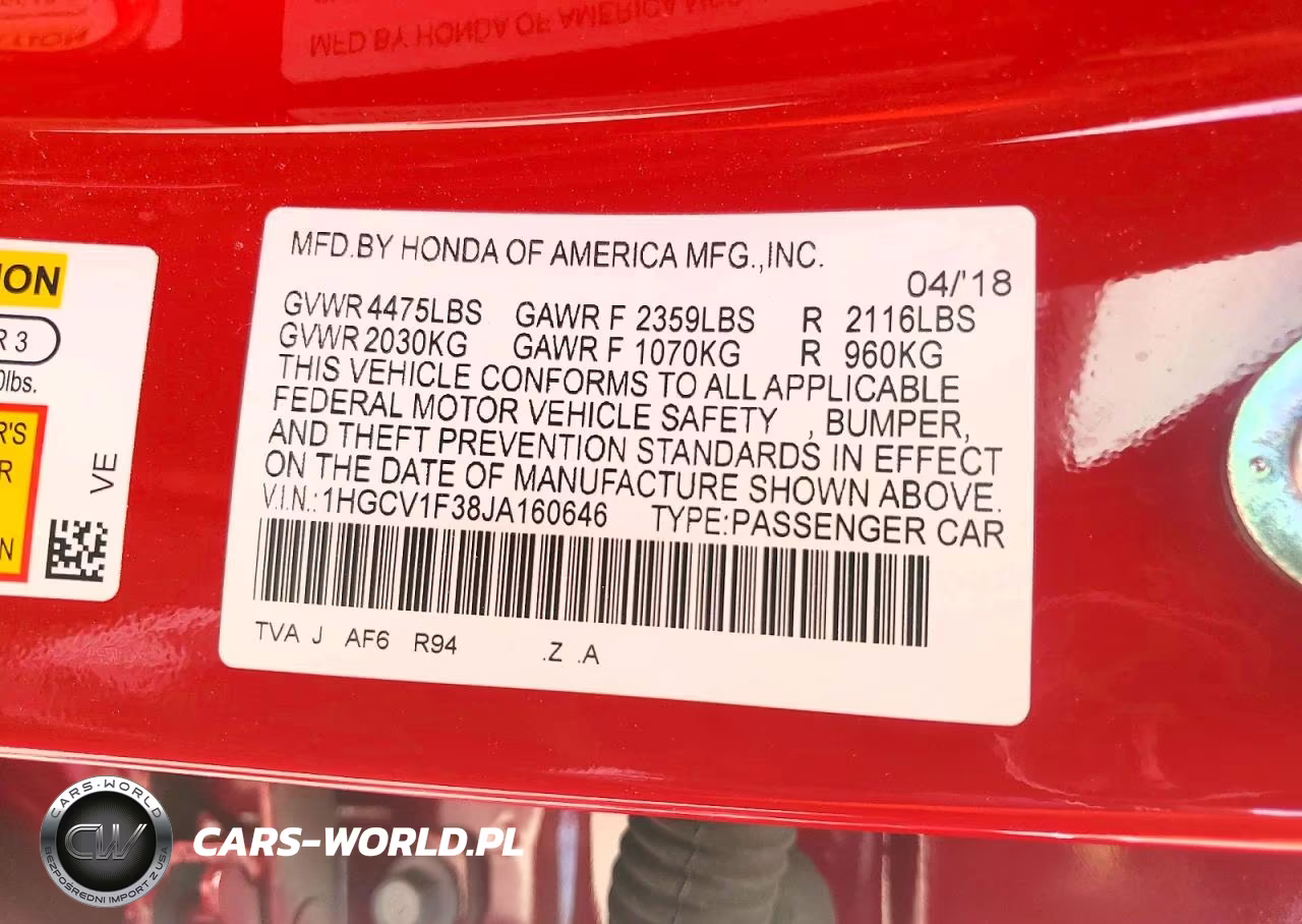 2018 Honda Accord Sport VIN:1HGCV1F38JA160646 - 12