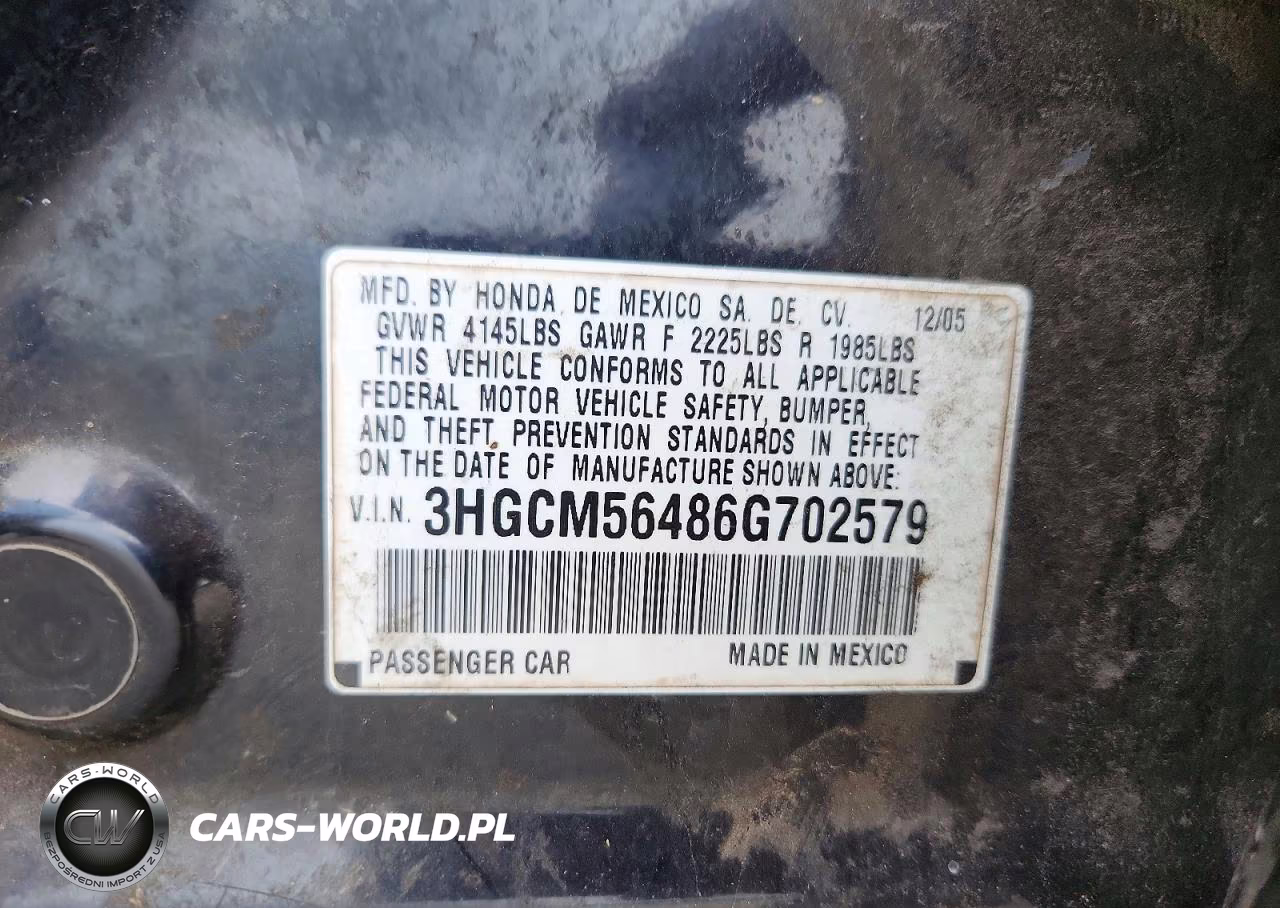 2006 Honda Accord Lx VIN:3HGCM56486G702579 - 12