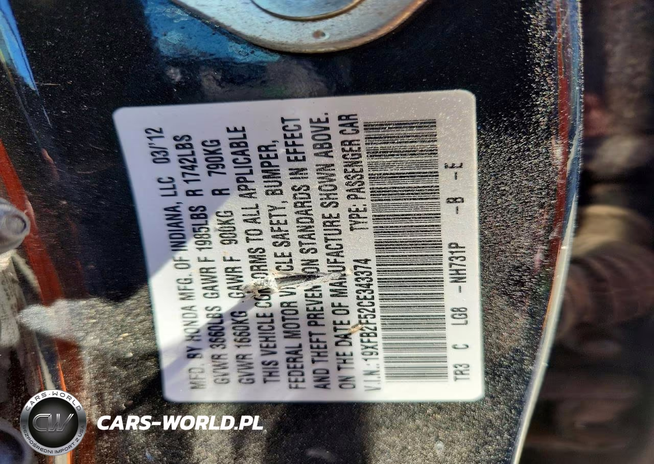 2012 Honda Civic Lx VIN:19XFB2F52CE343374 - 12