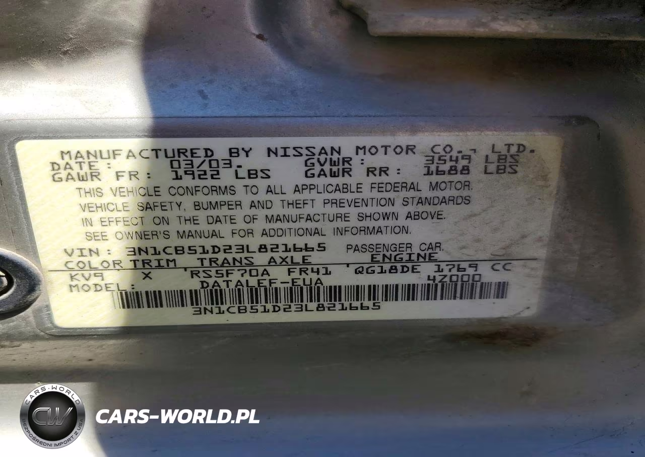 2003 Nissan Sentra Xe-Gxe VIN:3N1CB51D23L821665 - 13