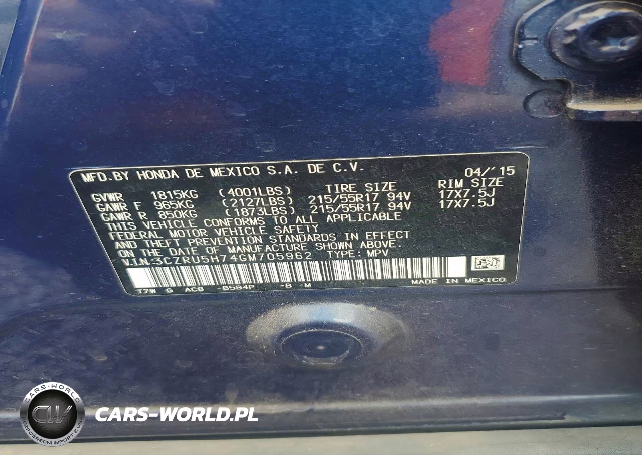 2016 Honda Hr-V Exl VIN:3CZRU5H74GM705962 - 12