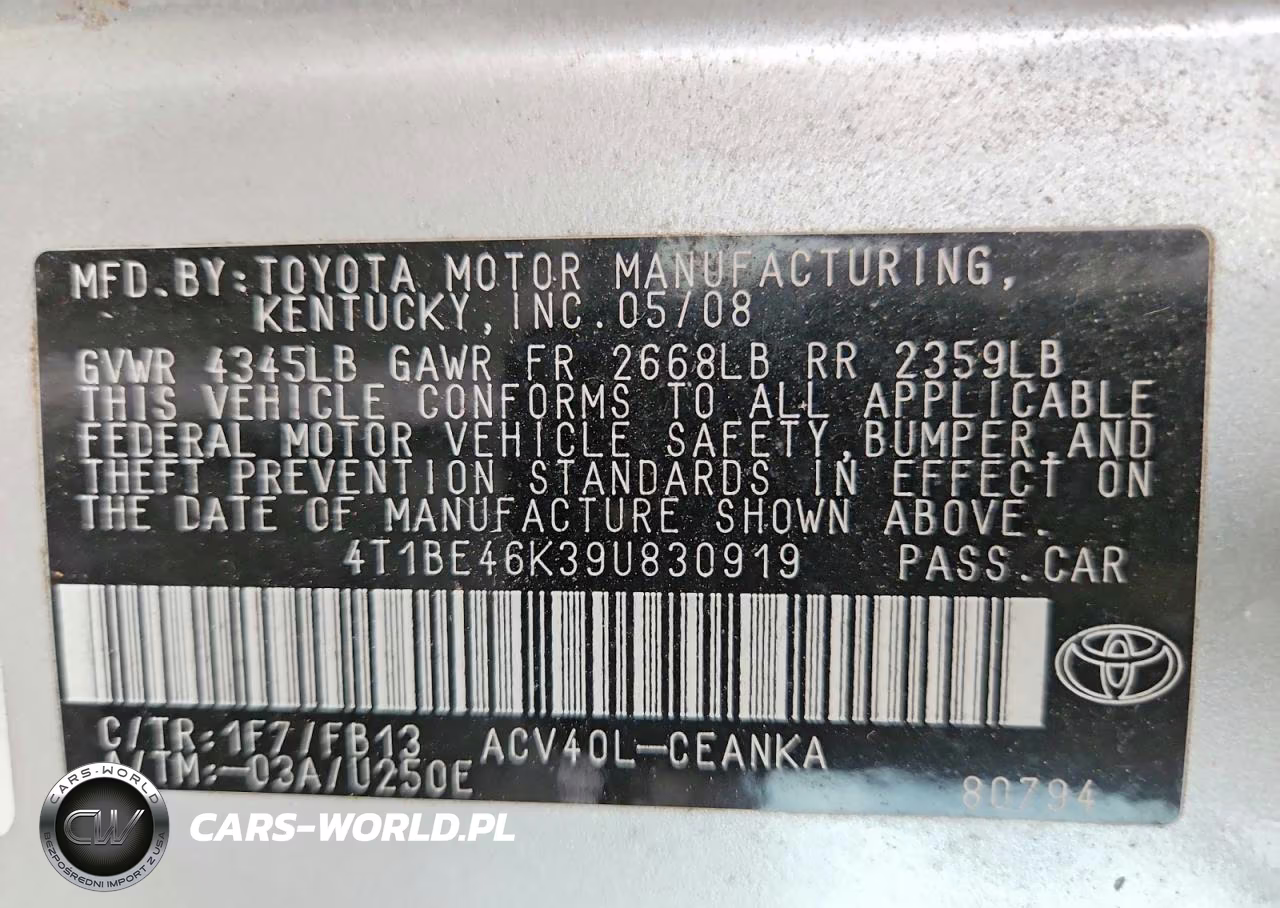2009 Toyota Camry Le VIN:4T1BE46K39U830919 - 12