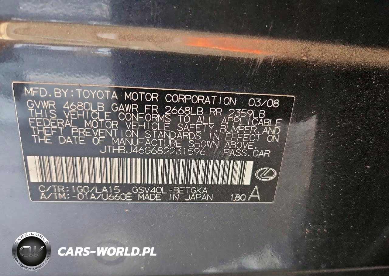 2008 Lexus Es 350 VIN:JTHBJ46G682231596 - 12