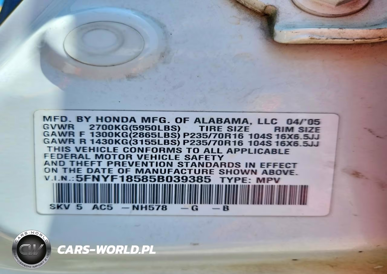 2005 Honda Pilot Exl VIN:5FNYF18585B039385 - 13