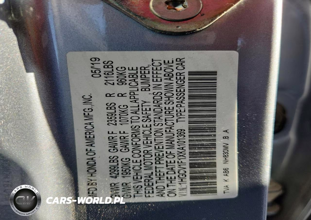 2019 Honda Accord Lx VIN:1HGCV1F1XKA101369 - 12