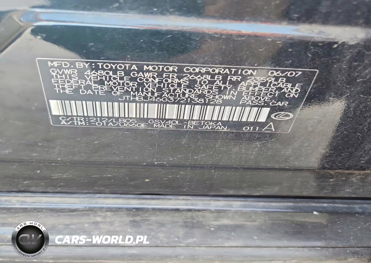 2007 Lexus Es 350 VIN:JTHBJ46G372138128 - 12