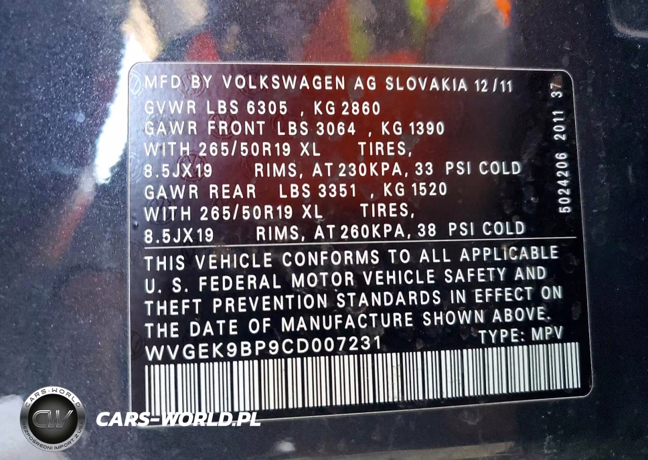 2012 Volkswagen Touareg V6 Tdi VIN:WVGEK9BP9CD007231 - 12