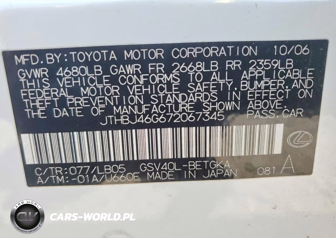 2007 Lexus Es 350 VIN:JTHBJ46G672067345 - 12