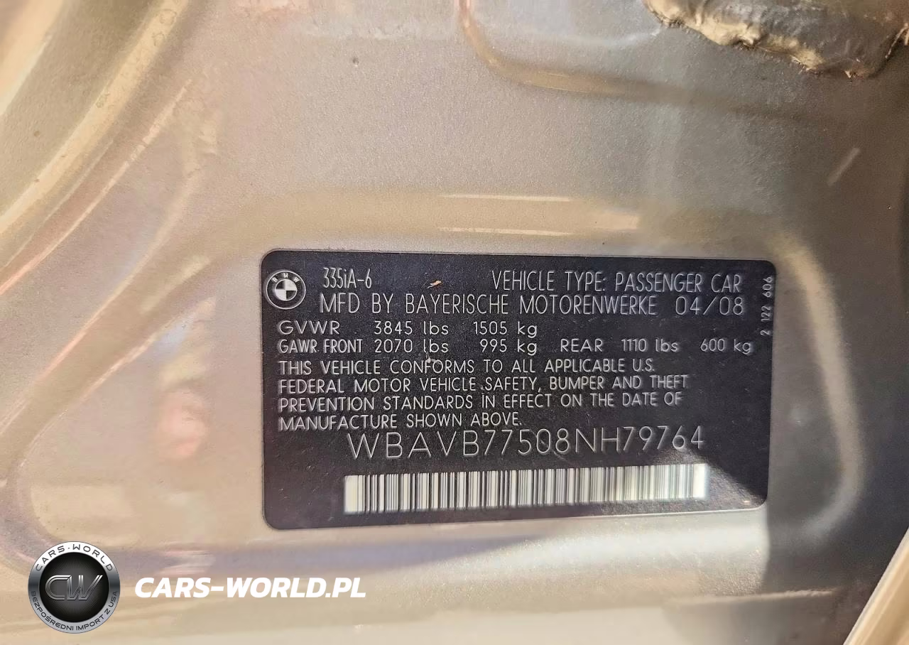 2008 BMW 335 I VIN:WBAVB77508NH79764 - 13