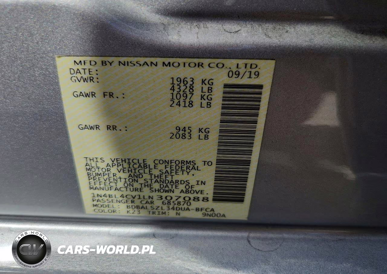 2020 Nissan Altima Sr VIN:1N4BL4CV1LN307088 - 12