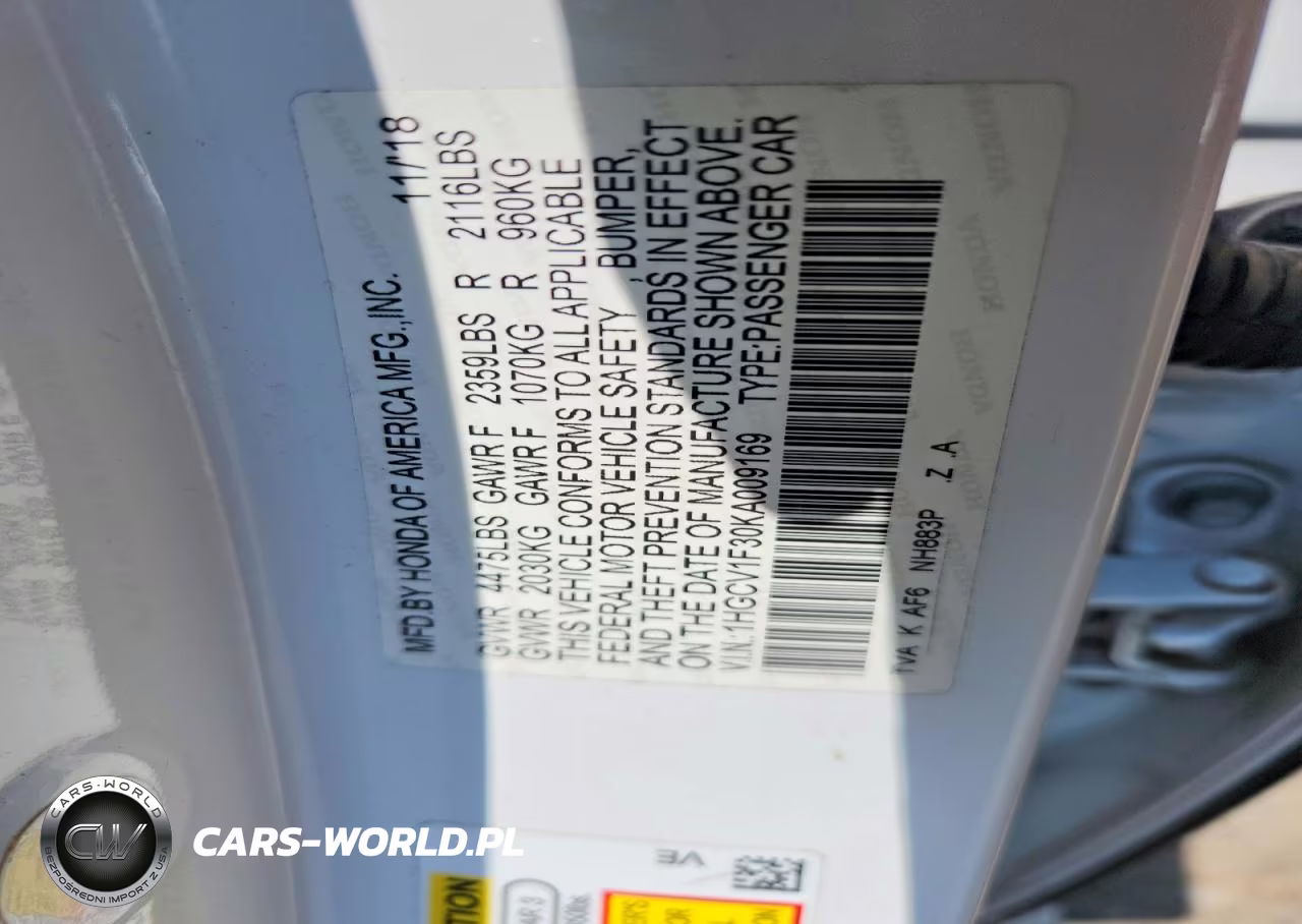 2019 Honda Accord Sport VIN:1HGCV1F30KA009169 - 12