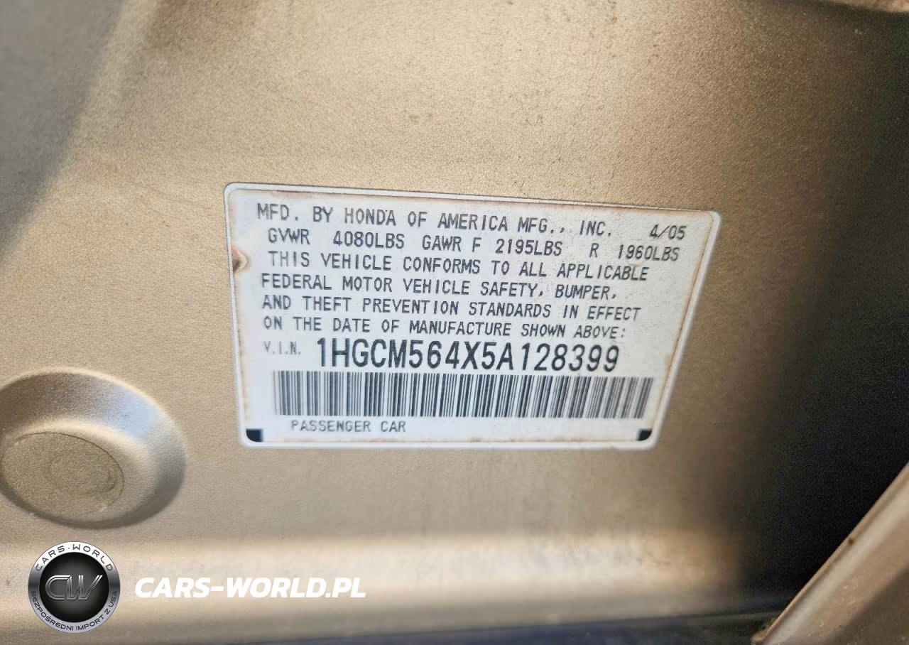 2005 Honda Accord Lx VIN:1HGCM564X5A128399 - 12