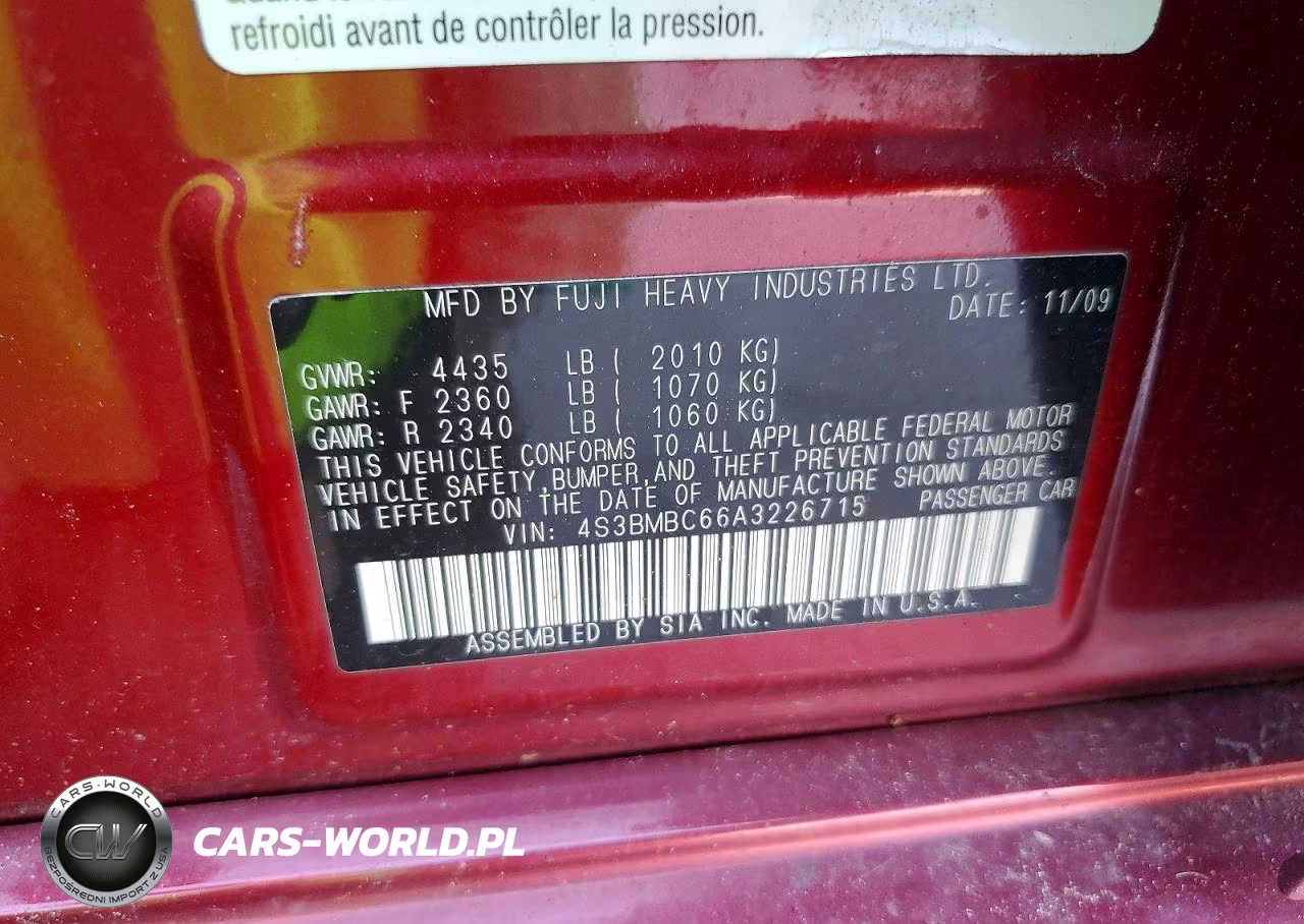 2010 Subaru Legacy 2.5I Premium VIN:4S3BMBC66A3226715 - 12