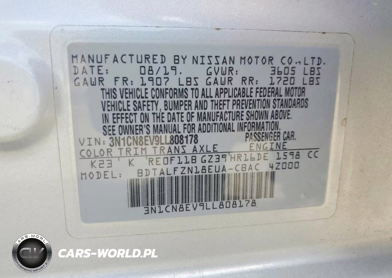 2020 Nissan Versa Sv Xtronic Cvt VIN:3N1CN8EV9LL808178 - 12