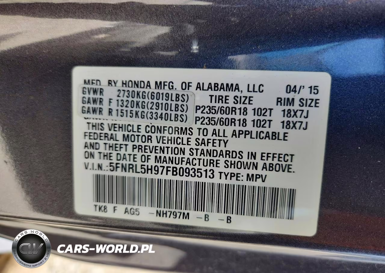 2015 Honda Odyssey Touring VIN:5FNRL5H97FB093513 - 13