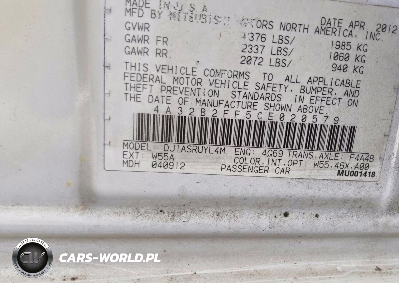 2012 Mitsubishi Galant Fe VIN:4A32B2FF5CE020579 - 12