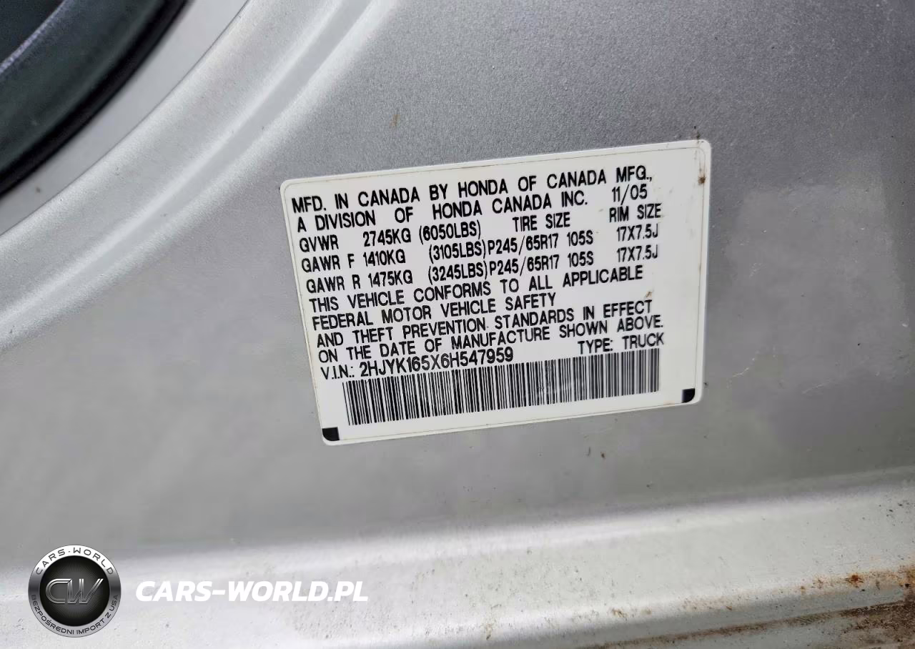 2006 Honda Ridgeline Rtl VIN:2HJYK165X6H547959 - 12