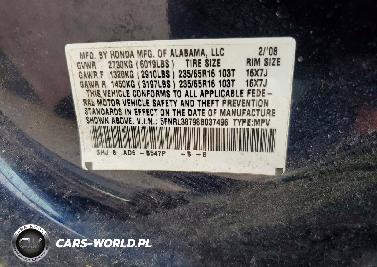 2008 Honda Odyssey VIN:5FNRL38798B037496 - 13