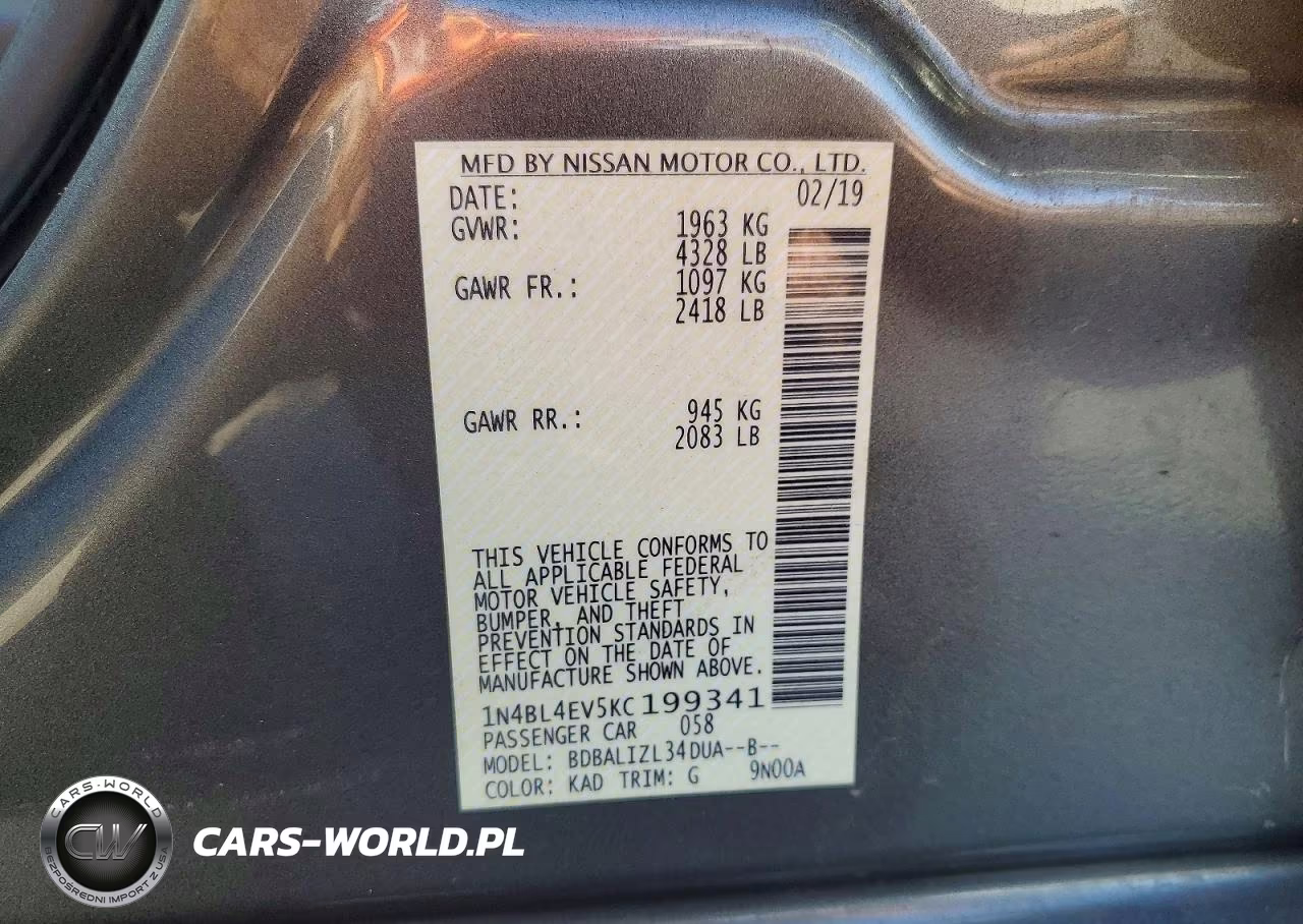 2019 Nissan Alitma VIN:1N4BL4EV5KC199341 - 12