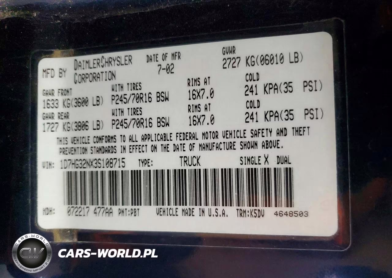 2003 Dodge Dakota Sport VIN:1D7HG32NX3S108715 - 12