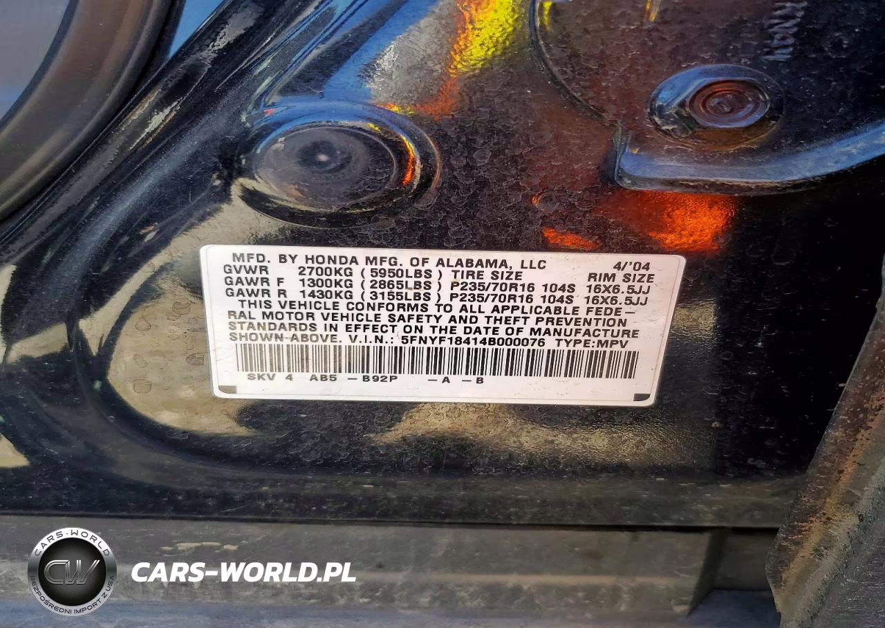 2004 Honda Pilot Ex VIN:5FNYF18414B000076 - 13