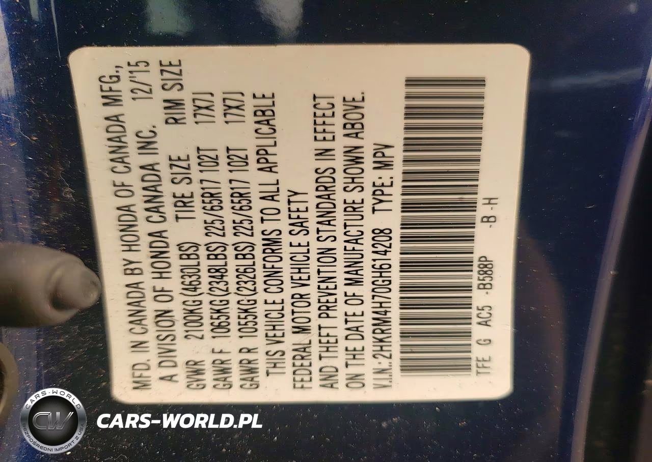 2016 Honda Cr-V Exl VIN:2HKRM4H70GH614208 - 13